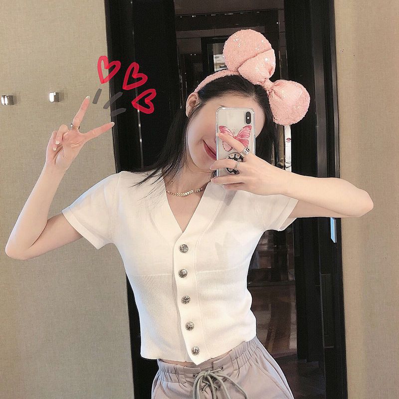 T-shirt for Women Short Sleeved Summer Outfit V-neck Ice Silk Knit Sweater Thin Jacket High Waist Exposed Navel Short Upper Garment