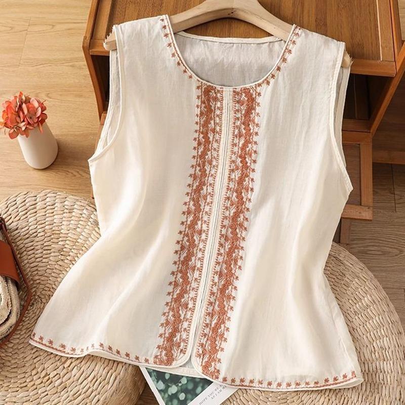 Women Off White Linen Sleeveless Vest Round Neck Front Ethnic Embroidery Open Front Loose Casual Waistcoat