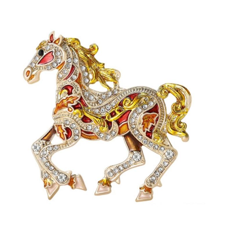 Trendy Enamel Horse Shaped Brooch Rhinestones Embellished Decorative Jewelry for Dresses Jackets Bags