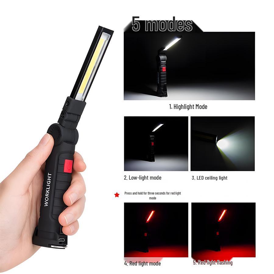 360° Folding Magnetic COB Handheld Work Light with Multi-functional Red Warning Light
