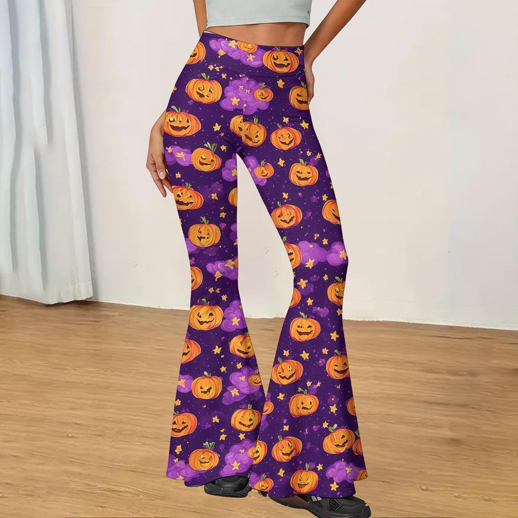 Women Casual Halloween Printed Flared Yoga Pants High Waist Stretchy Bootcut Leggings Comfortable Fit for Daily Wear