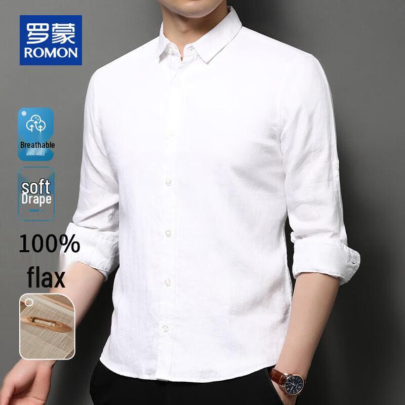 ROMON Men's 100% Linen Loose Fit Long Sleeve Shirt