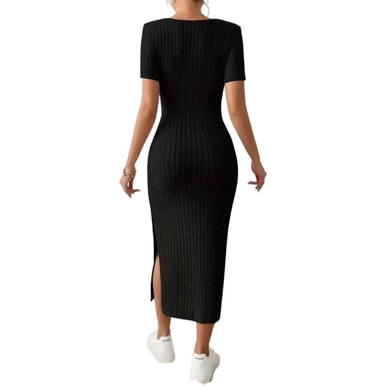 Summer New Short Sleeve Women's Knitted Dress Elegant Fashion Square Neck Sexy Dress Women Slim Fit Split High Waist Casual Dresses for Women 25102