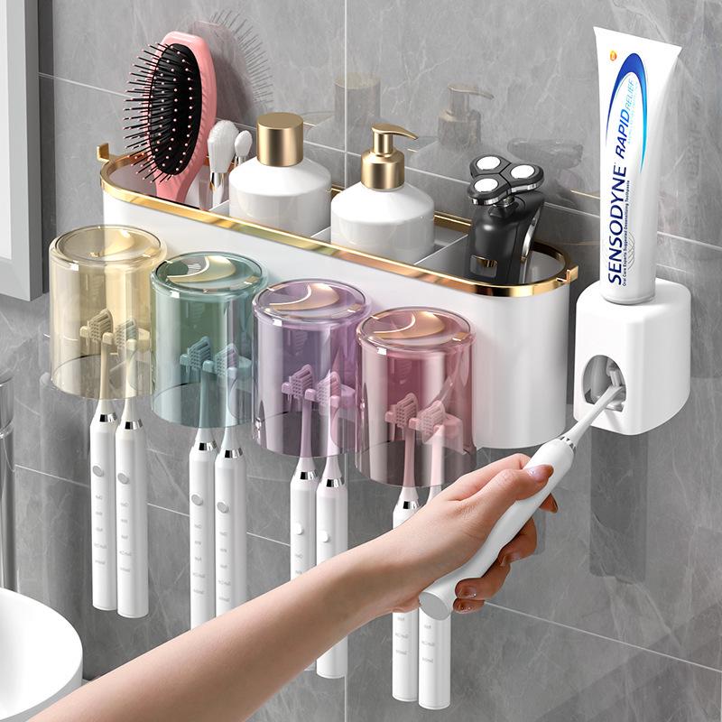 Gold-Plated Wall-Mounted Toothbrush & Mouthwash Holder Set, Punch-Free Installation