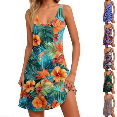 Vestido Camiseta Casual de Verano para Mujer con Estampado Hawaiano y Bolsillo