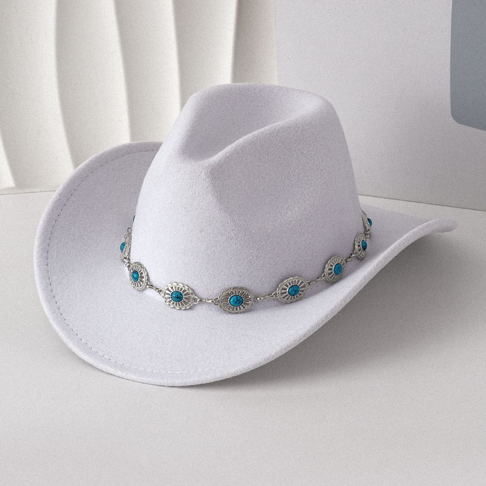 Turquoise Felt Fedora Hat Wide Curved Brim Western Cowgirl Hat for Party Travel Costume