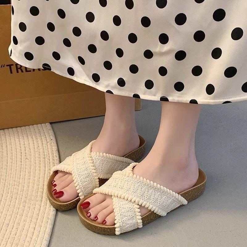 Cross-strap Knitted Slippers Women's Summer New Wear Retro Open-toed Beach One-word Cool Slippers
