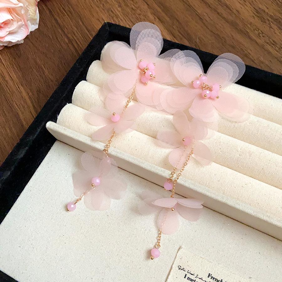 Steel needle glass chiffon flower fringed earrings, fresh and sweet temperament earrings, new earrings, niche and high-end sense