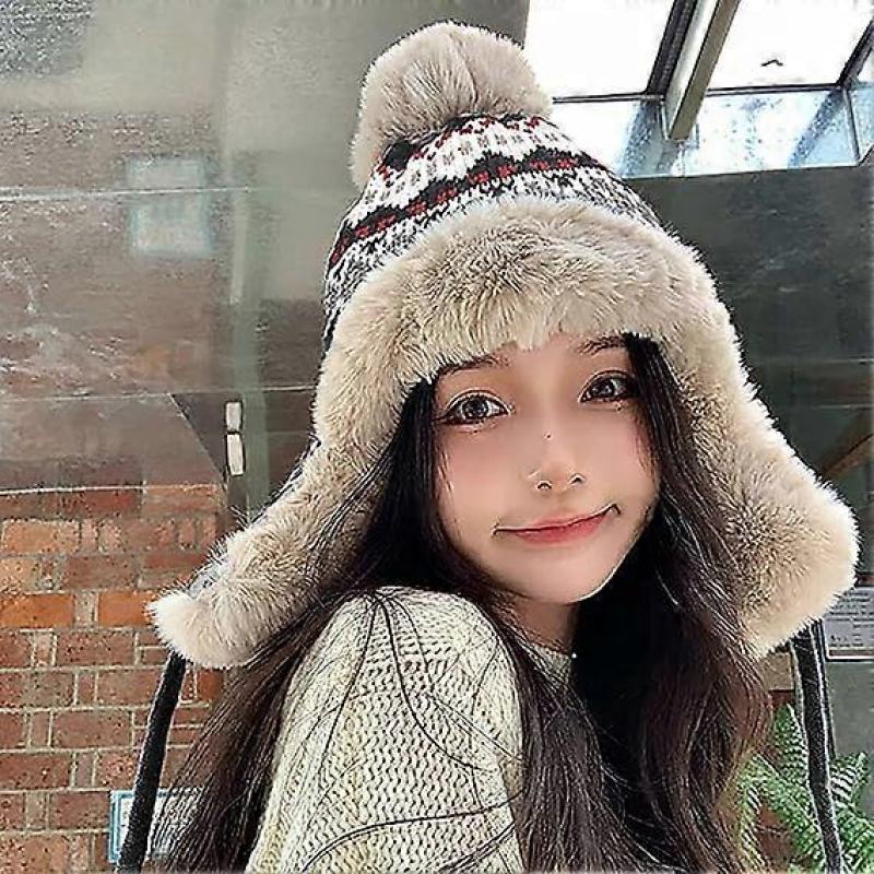 Women's Winter Knitted Beanie Ear Protection Warm Fleece Lined Skull Hat Earmuffs Snow Hat
