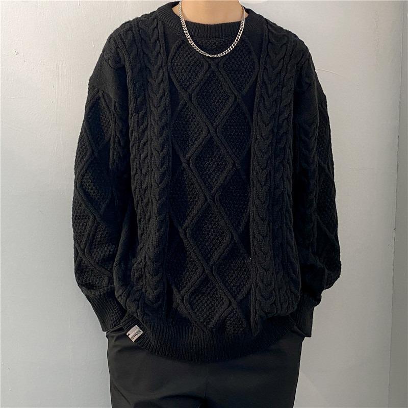 Men's Casual Loose Fit Cable Knit Sweater - Black Autumn/Winter