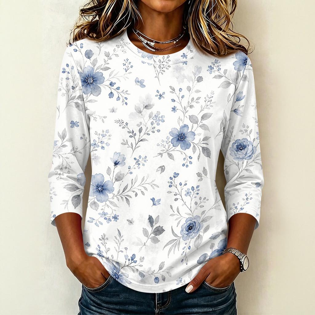 Women Casual Round Neck 3/4 Sleeve Floral Print T Shirt Lightweight Comfortable Soft Fabric Top for Everyday Wear