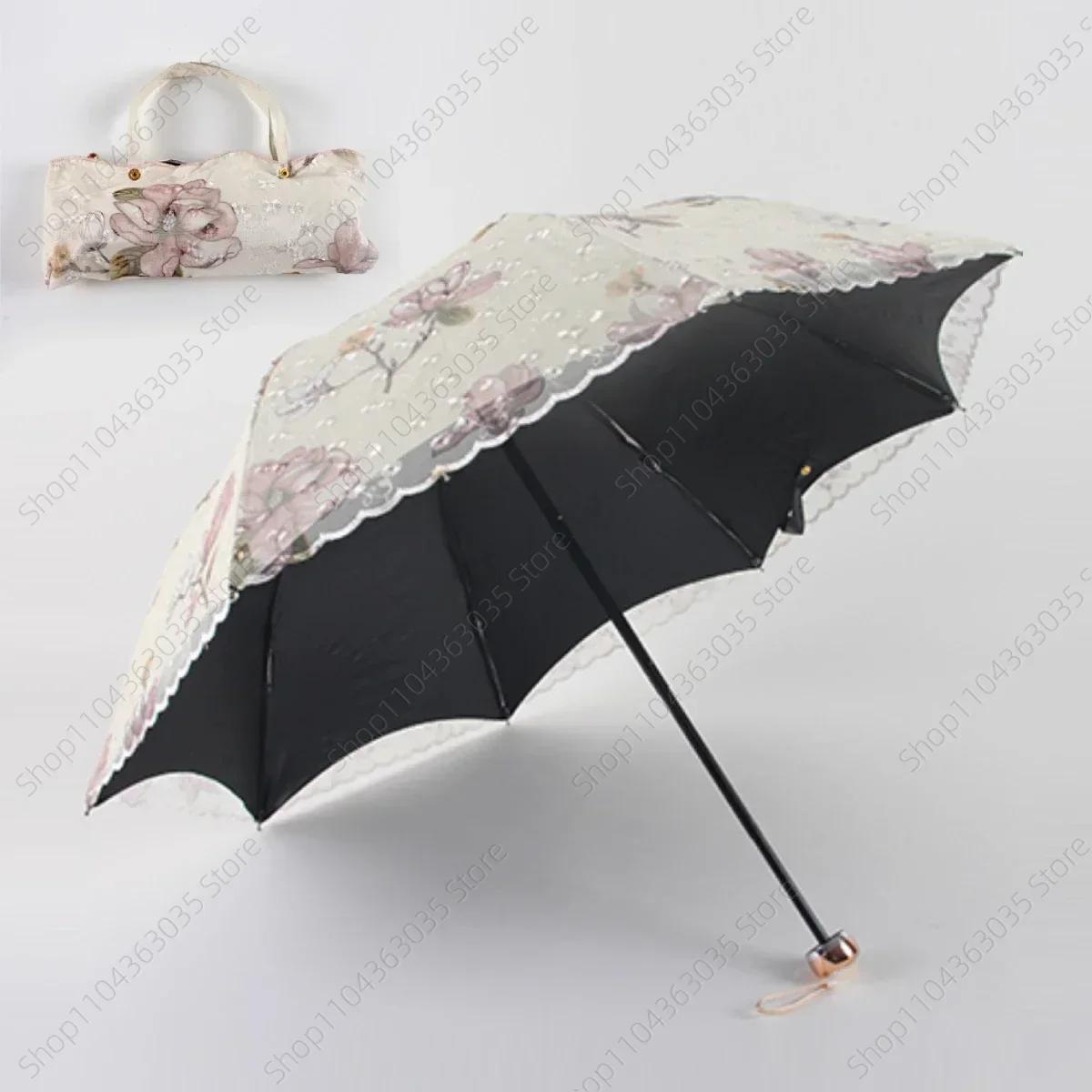 Embroidered lace double layer umbrella UV protection rain and snow folding umbrella Small and Portable Princess Wind and Rain Aluminum&8K