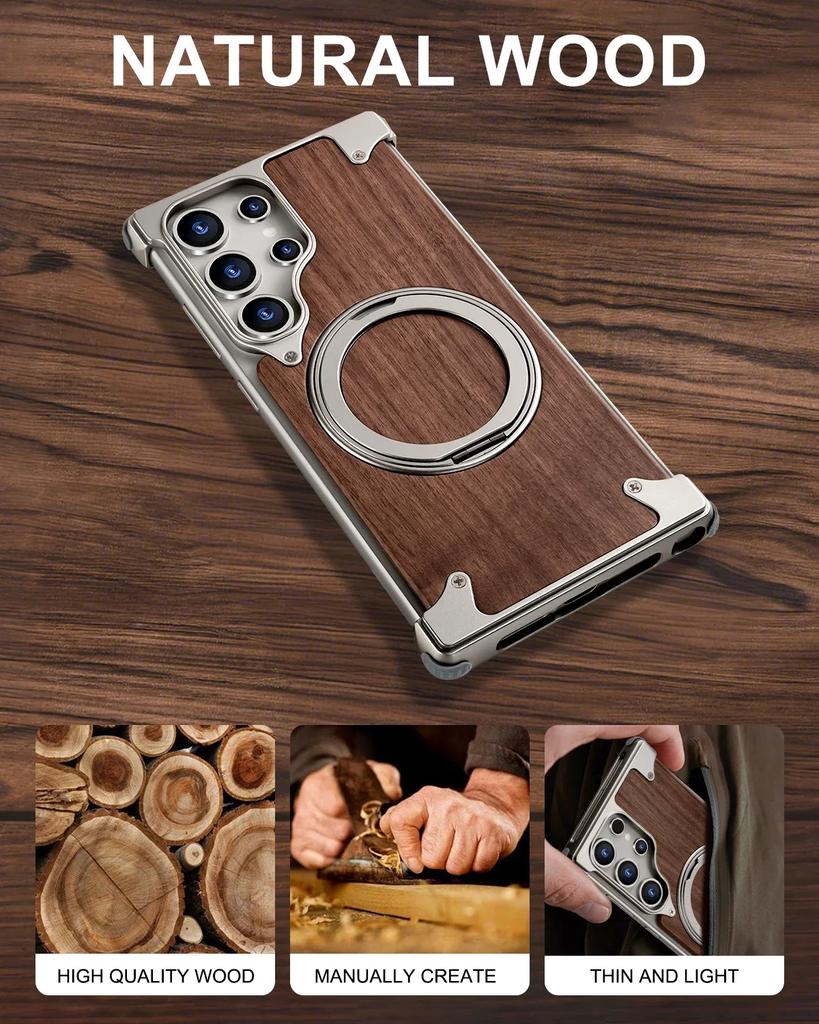 Eary Solid Wood Phone Case for Samsung Galaxy S25 S24 Ultra for Magsafe 360° Rotation Kickstand Frameless Protective Shells