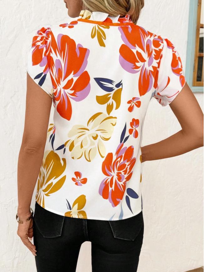 Elegant Summer Printed Women's Tie-Neck Pleated Short-Sleeve Top for Versatile Vacation & Commute Fashion.