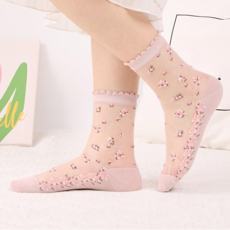 2 Paar Damen-Sommersocken mit Blumenmuster, dünn, transparent, elastisch, atmungsaktiv