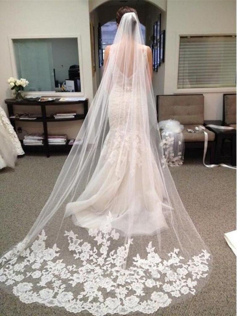 Velo da Sposa Lungo con Applicazioni in Pizzo Coreano (3m) - Squisita Garza Morbida per Nuove Spose, Bianca/Bianco Sporco