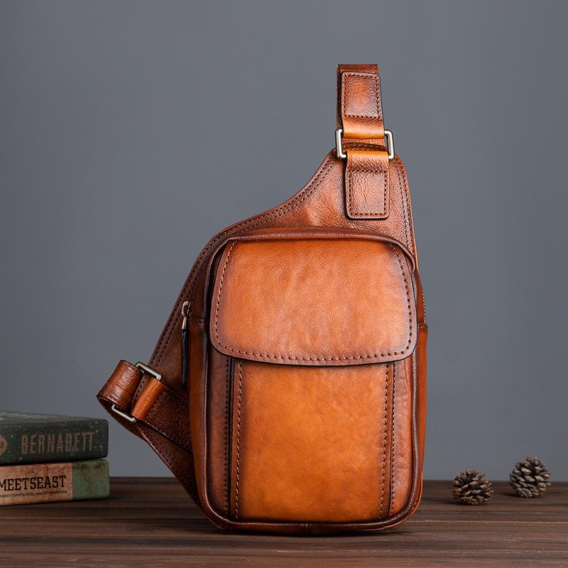 Convenient Baotou Layer Tree High Vegetable Tanned Cowhide Retro Casual Men's Chest Bag Diagonal Backpack