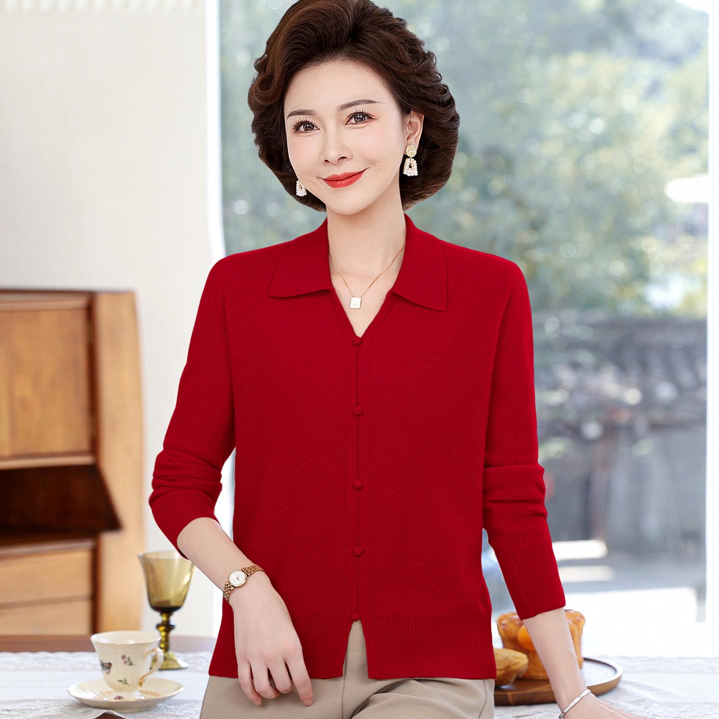 

100% Pure Wool Pullover Sweater for Mid-Aged Women - Plus Size Lapel Knit Top for Autumn & Winter 2XL [125-135 lbs] червоний