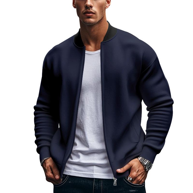 Men Solid Color Baseball Collar Zip Up Bomber Jacket Long Sleeve Casual Coat