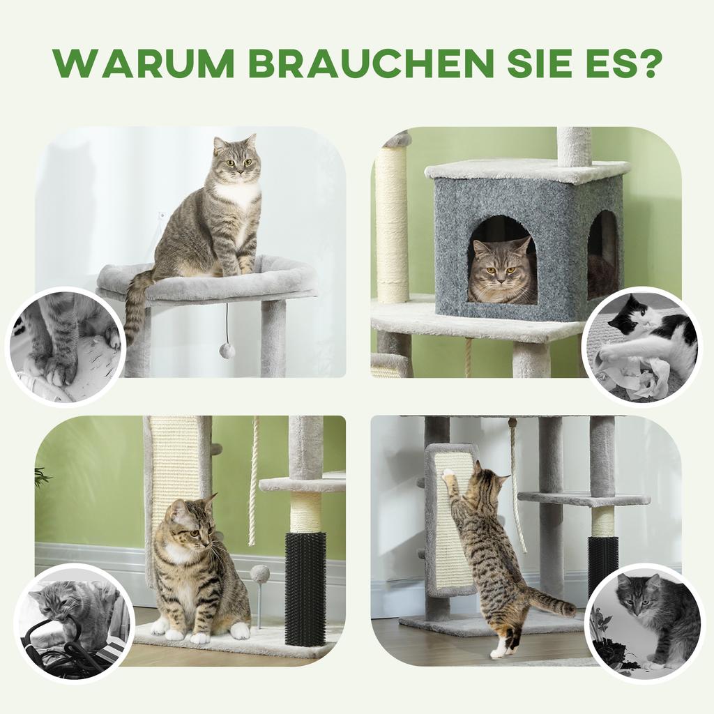 132cm Cat Tree W/ Scratching Posts, Pad, Cat Bed, Cat House, Jumping Platform, Grooming Brush, Anti-Tip Kit, Light Grey