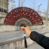 Traditional Yongchun Folding Fan Peacock Feather Embroidery Art Piece Elegant Black Shaft Folding Fan