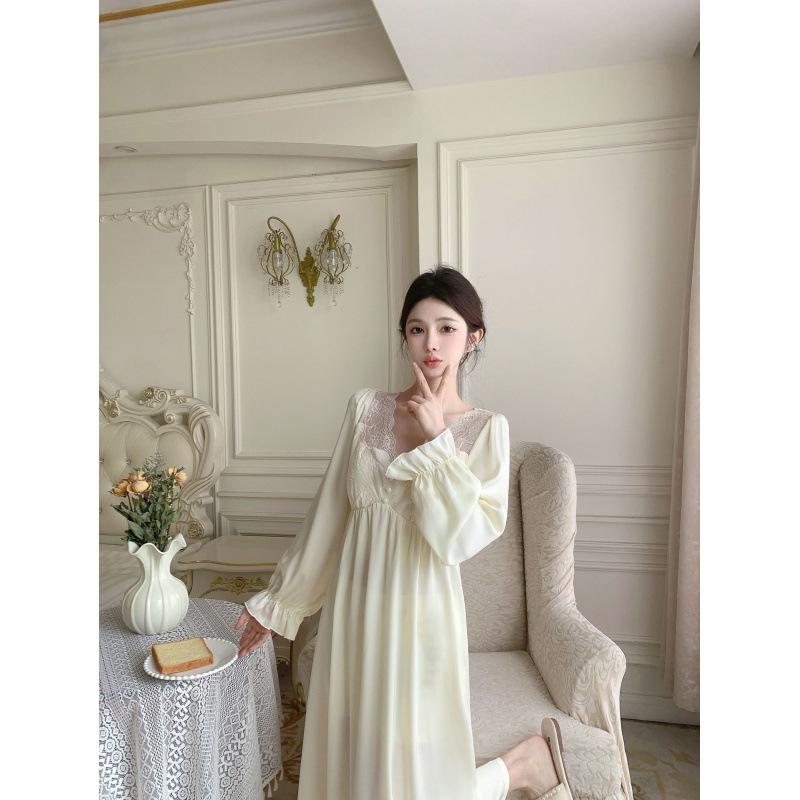 New spring and autumn palace-style nightdresses, long women's ice silk nightgowns, sweet and pure long-sleeve vintage loungewear