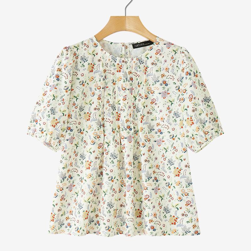 

ZANZEA Женская повседневная блузка с круглым вырезом, короткими рукавами, свободного кроя, с цветочным принтом L хаки