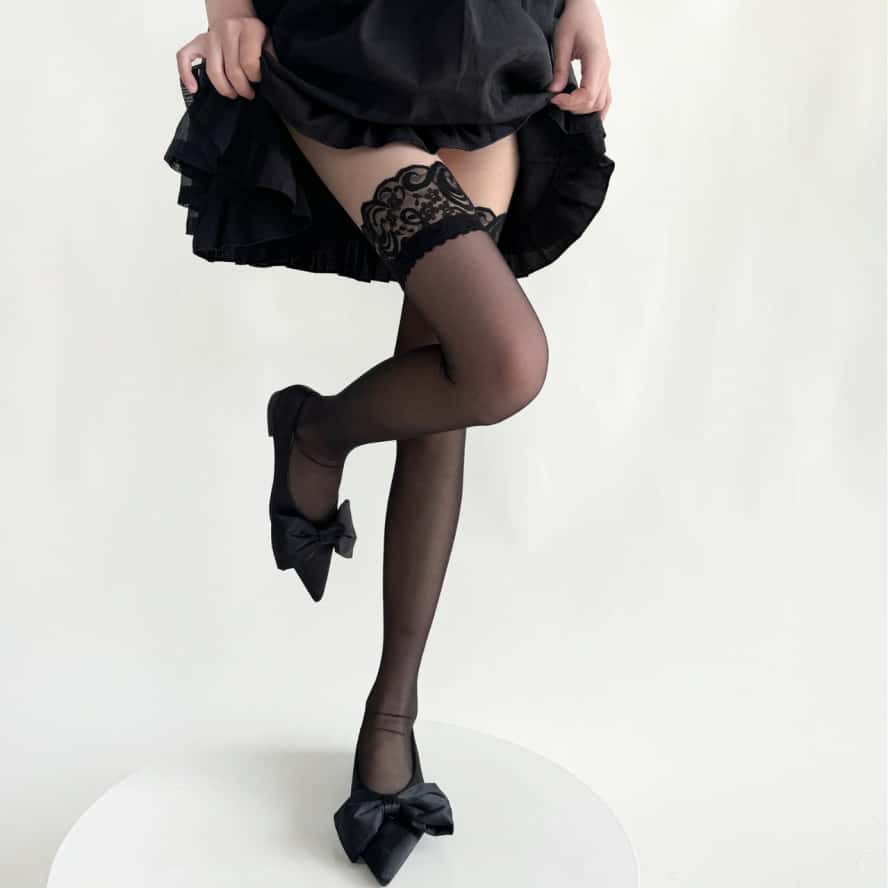 Fashion Woman Girls Lolita Ultra Thin Elastic Stockings with Non-slip Silicone Female Sexy High Over The Knee Gothic Stocking Hosiery Black Plus Size
