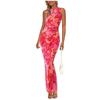 2024 Women's Floral Ruched Mesh Bodycon Dress - Sleeveless, Round Neck