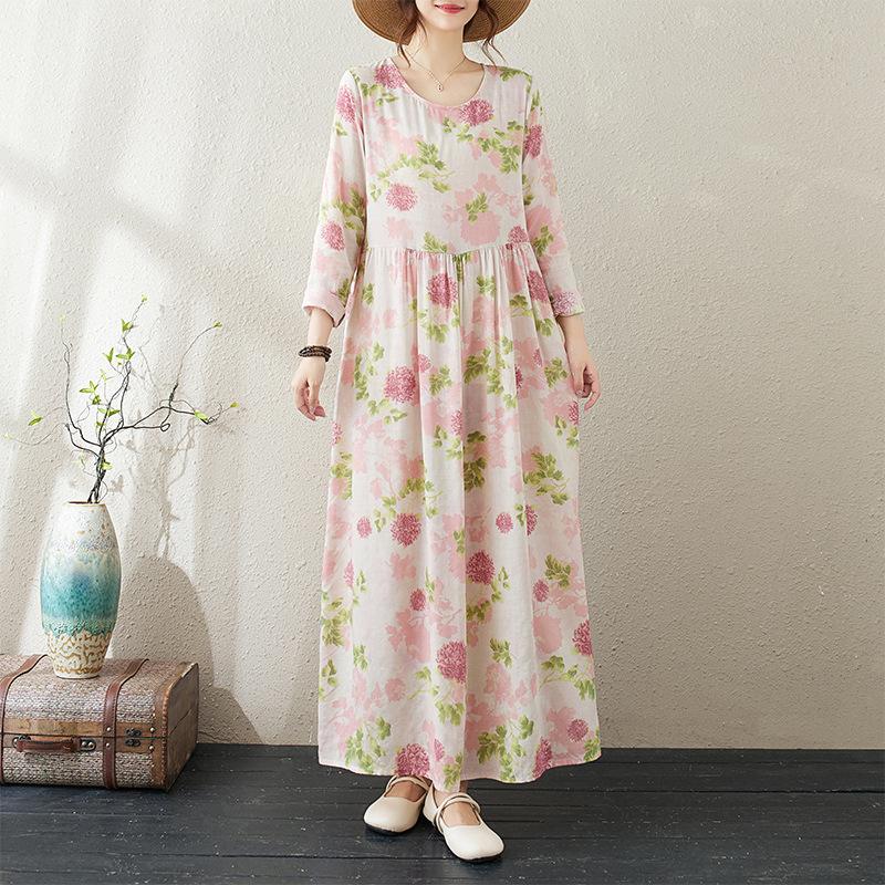 Autumn Literary Plus Size Loose Print Round Neck Long Sleeved Dress for Women Dresses