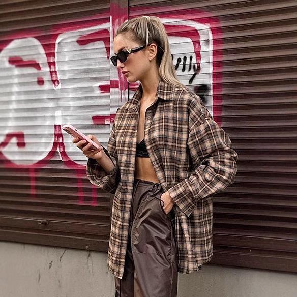 2024 European Retro Plaid Women's Long Loose Shirt
