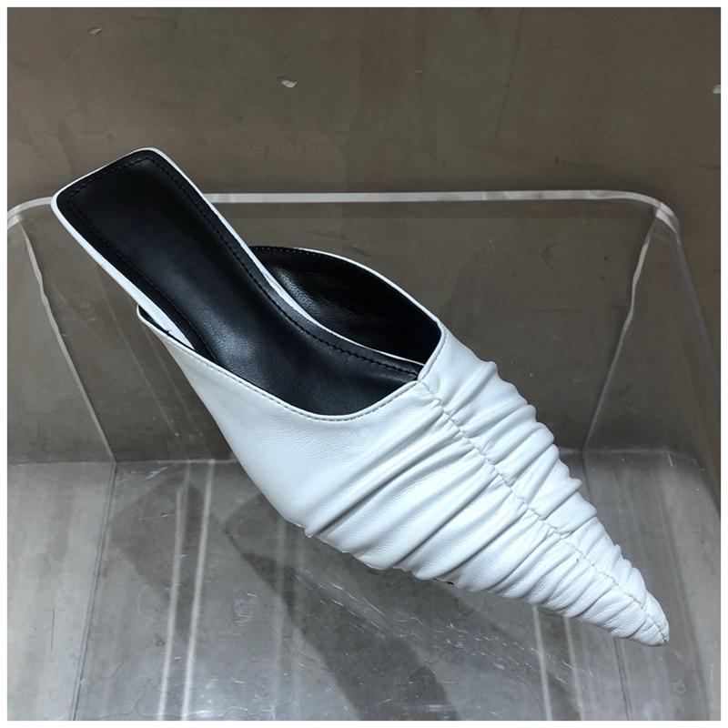Fashion SUOJIALUN Fashion Brand Women Slipper Pointed Toe Slip On Mules Thin Low Heel Slides Shoes Pleated Design Sandal Flip Flops