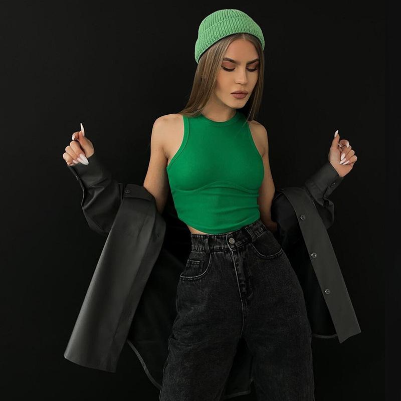 Ribbed Solid Tank Tops Women Skinny O-Neck Sleeveless Body-Shaping Undefined All-Matching Vest Female Streetwear Clothing