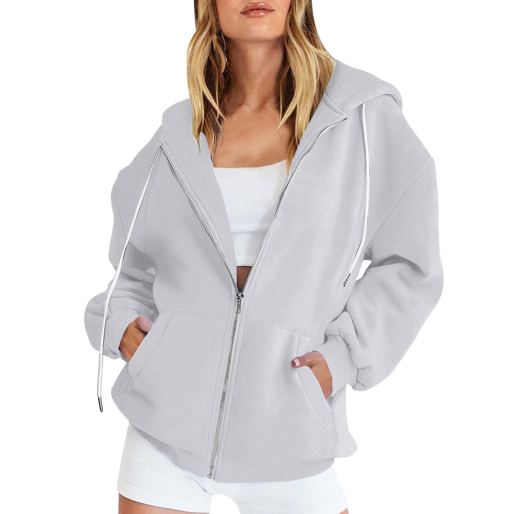 Women's Fashion Hooded Top Zip Drawstring Pocket Padded Long Sleeve Casual Sweatshirt