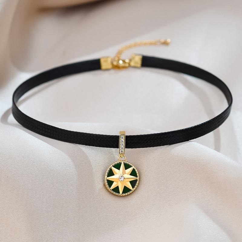 Retro Octagonal Compass Necklace, Trendy Collarbone Chain, Elegant Leather Rope Neck Strap