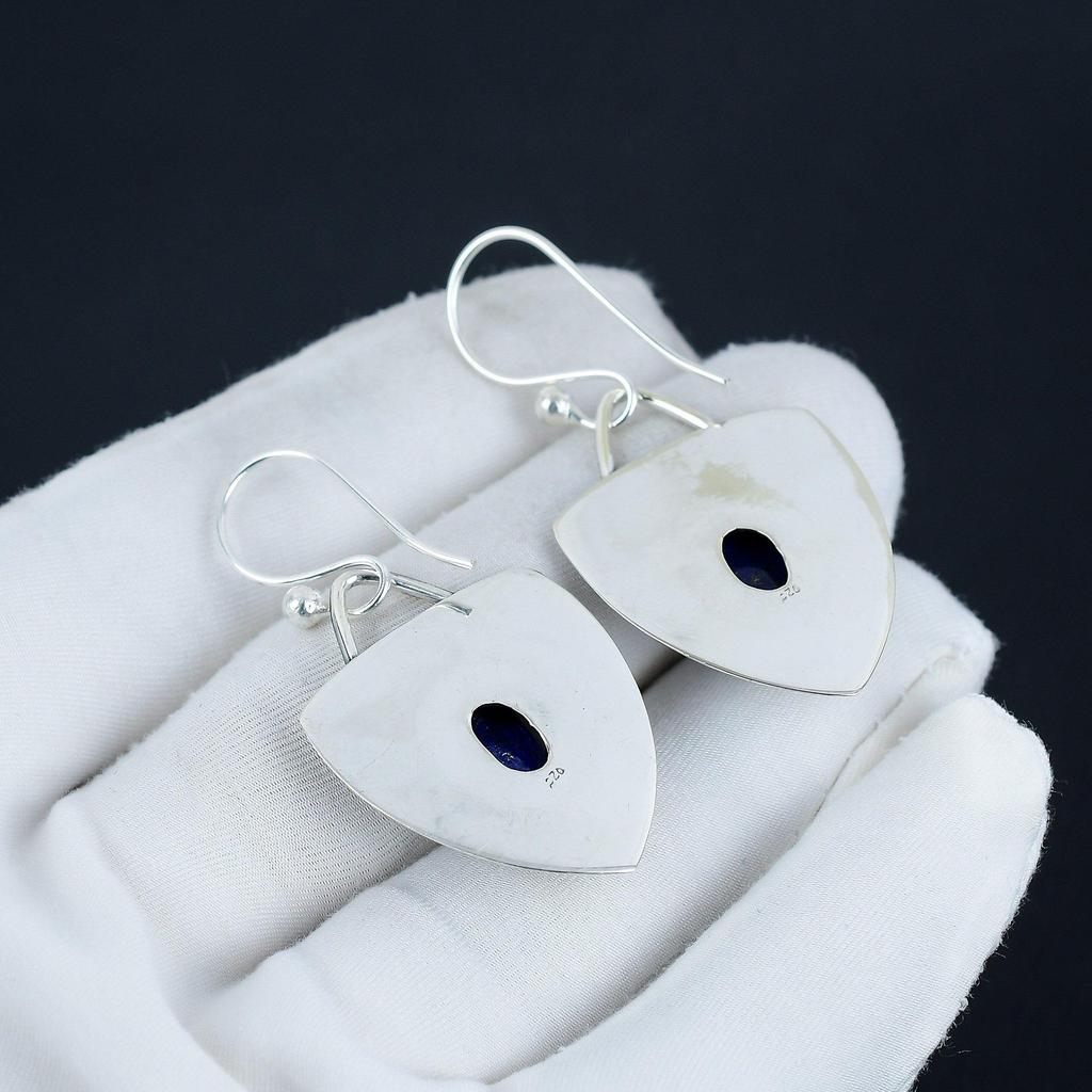Natural Lapis Lazuli Gemstone Hoop Earrings, 925 Sterling Silver Earring, Handmade Boho Silver Jewelry Dangle Earrings, Wadding Gift