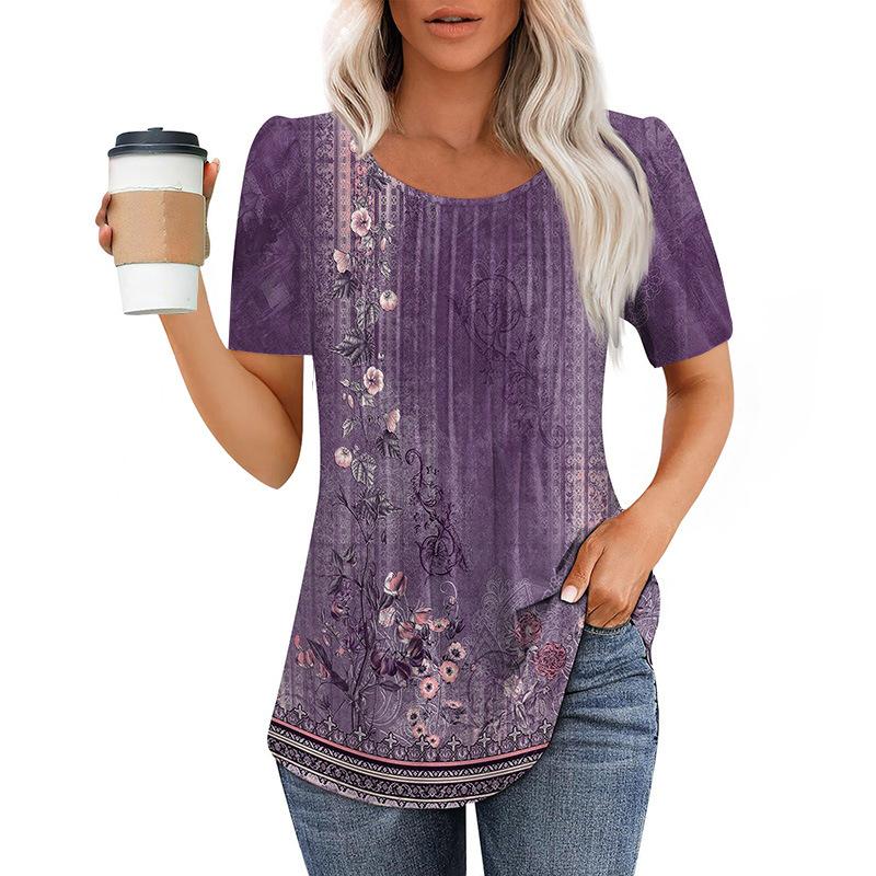 European And American Women's Tops New Style Pleated Round Neck Short-sleeved T-shirt Women's Shirt