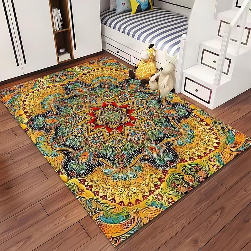 Mandala Pattern Carpet with Boho Star Design, Yellow and Red Tones Suitable for use as an anti-slip for living room bedroom sofas