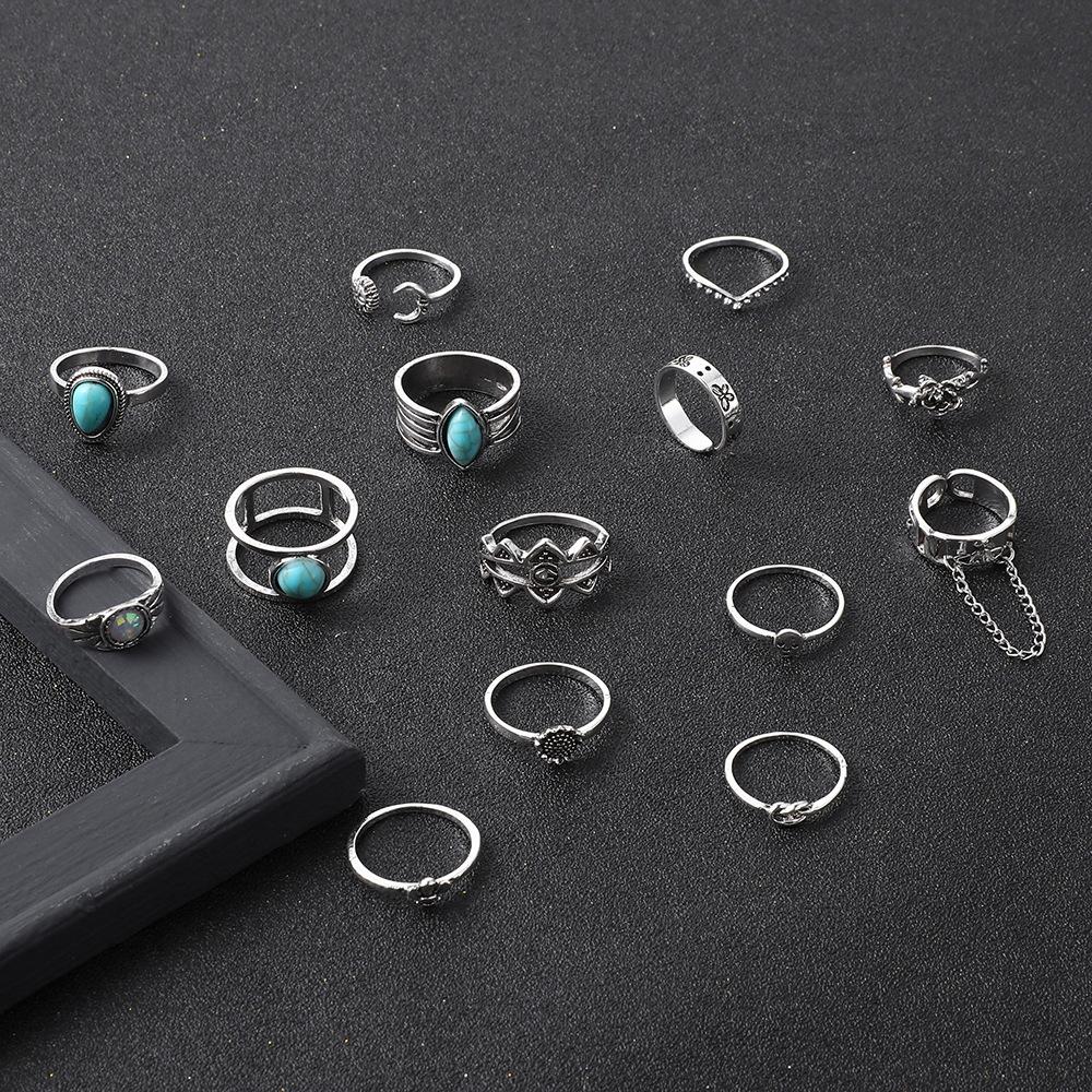 New European and American Bohemian Style Turquoise Ring with Unique Butterfly, Bee, and Floral Designs14Women's set