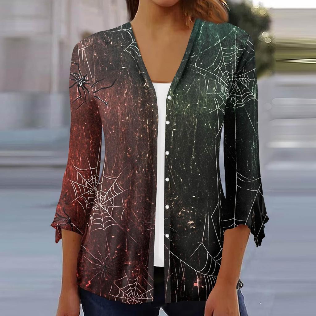 Damen Locker Lässig Bedruckt Siebenärmel Knopfleiste Hemd Strickjacke Top