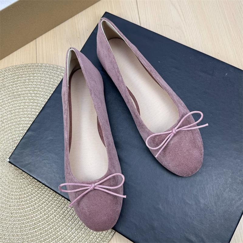 Fashion Flat Shoes for Women's 2025 New Retro Ballet Shoes Butterfly Knot Suede Shallow Round Toe Women's Shoes Large Size 44 43 42