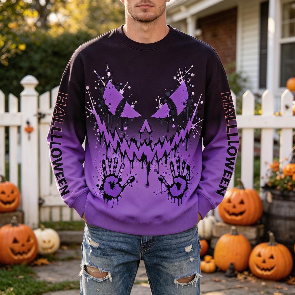 Men's Halloween Printed Neck Long Sleeve Casual Sweatshirt