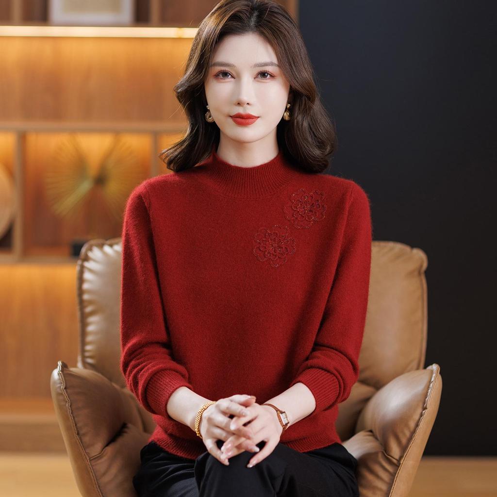 Women's Pure Wool Embroidered Sweater - Half-High Collar, Autumn/Winter, for Middle-Aged & Elderly, Warm Base Layer/Outerwear