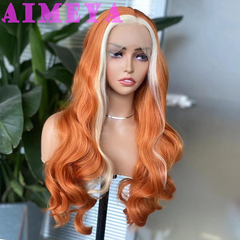 

AIMEYA Blonde Highlights Wig Long Body Wave Orange Wig with 613 Highlight Wig Natural Looking Synthetic Hair Daily Use Cosplay (as the picture,24inches&Lace Front)