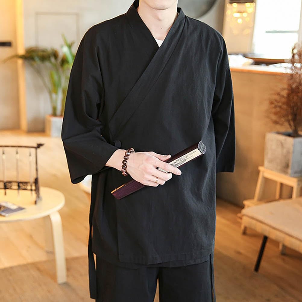 Breathable Men's Japanese-style Cardigan, Open-necked, Haori, Cotton-linen, Jinbei-style, 3/4-sleeve, Summer/Autumn, Yukata, Kimono, Jacket, Casual,