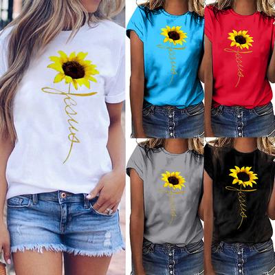 Women Plus Size Sunflower Print Short Sleeved T-shirt Blouse Tops