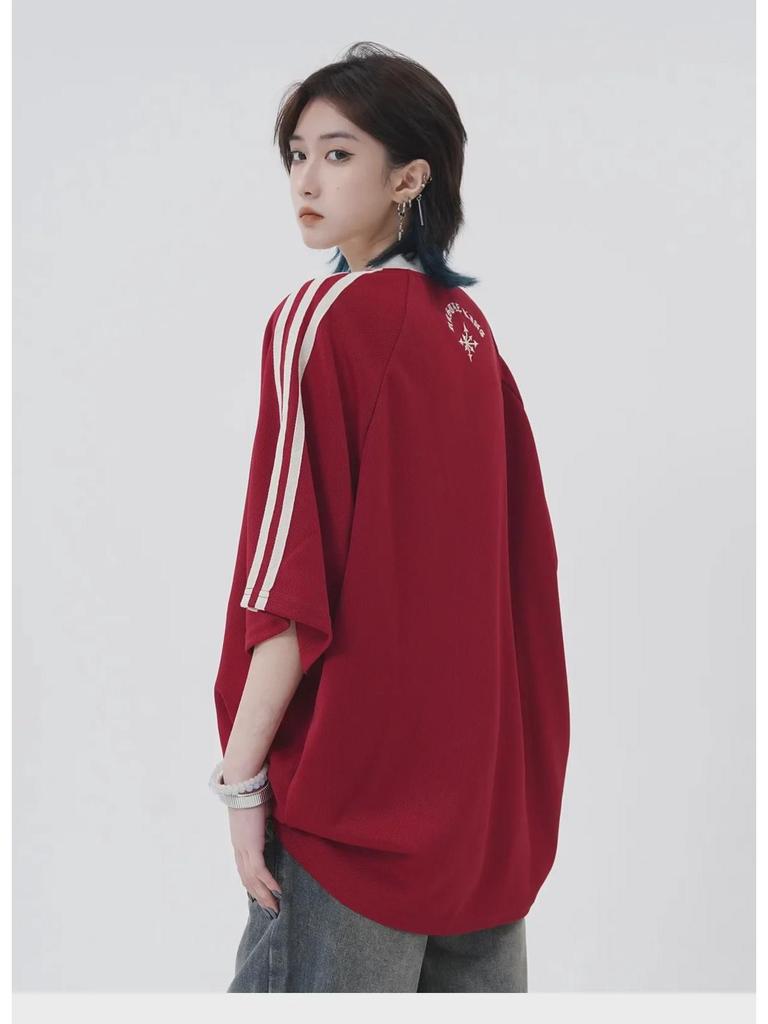 V-neck Oversized Hip-Hop Retro Embroidered Jersey T-shirt - Unisex Short Sleeve