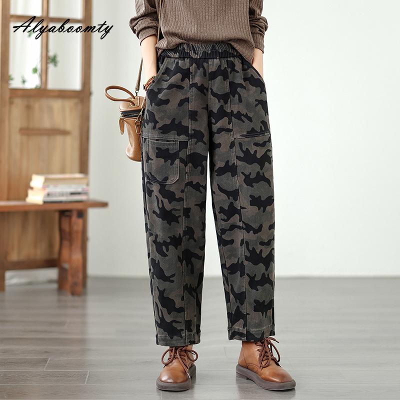 Korean Style Autumn Winter Women Fleece Warm Harem Jeans High Waist Print Baggy Plus Size Denim Pants Thick Vintage Casual Loose Ladies' Jeans