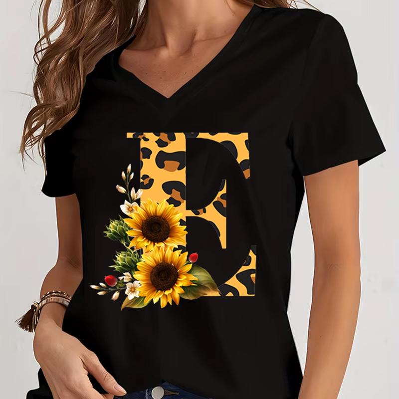 Women's V-Neck T-Shirt Sunflower Leopard Print Letter B Tee Top Floral Animal Print Initial Casual Tee A-Z 26 Alphabet Clothes