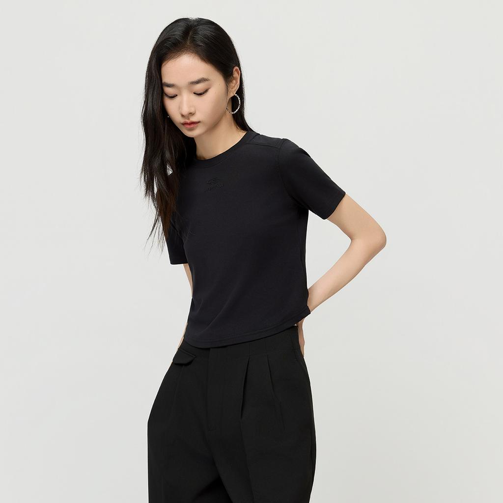 2026 Spring/Summer Fashion Simple Black Shoulder Round Neck Short sleeved T-shirt Casual Versatile Letter Short Top